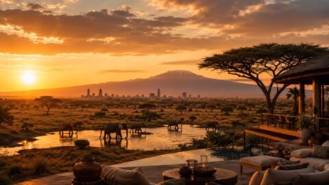Luxuriöse Safari-Lodge-Terrasse bei Sonnenuntergang mit Blick auf Elefanten an einem Wasserloch, Akazienbäumen und einer afrikanischen Stadtsilhouette unterhalb des Kilimandscharo