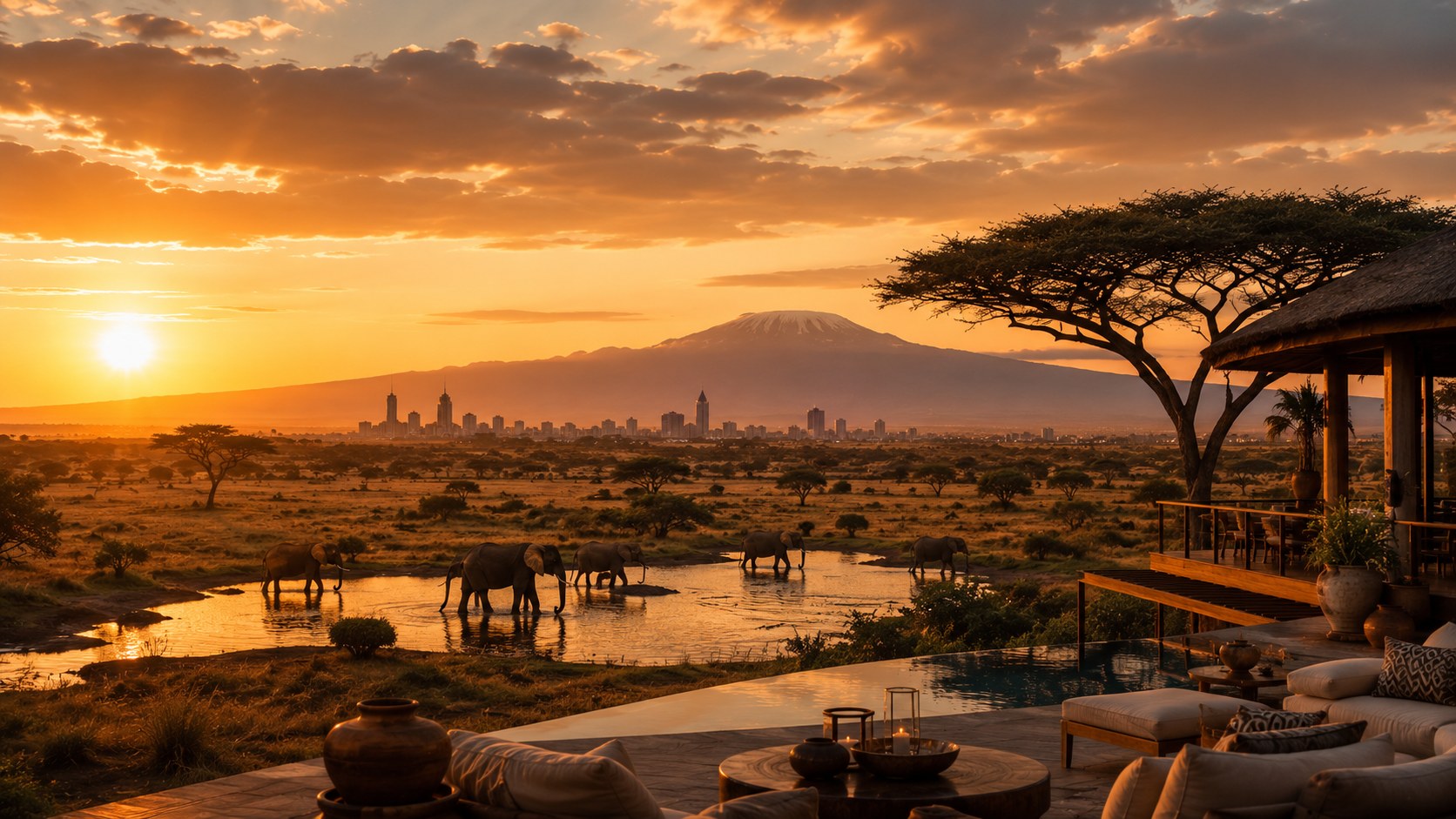 Luxuriöse Safari-Lodge-Terrasse bei Sonnenuntergang mit Blick auf Elefanten an einem Wasserloch, Akazienbäumen und einer afrikanischen Stadtsilhouette unterhalb des Kilimandscharo