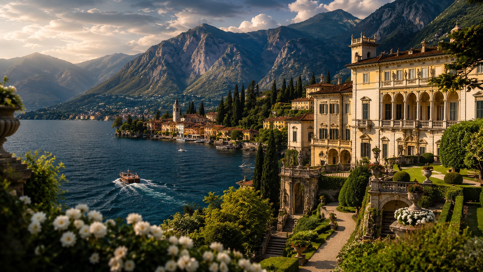 Große klassische Seelenvilla mit Terrassengärten mit Blick auf einen italienischen See und Berge, die alt-europäischen Reichtum hervorruft