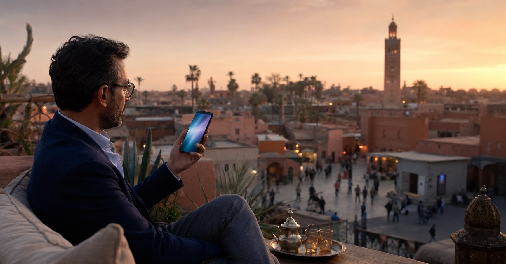 Geschäftsmann im Sakko, der bei Sonnenuntergang auf einer Dachterrasse in Marrakesch sein Smartphone überprüft, mit Blick auf die Koutoubia-Moschee – unsichtbares Banking im Alltag