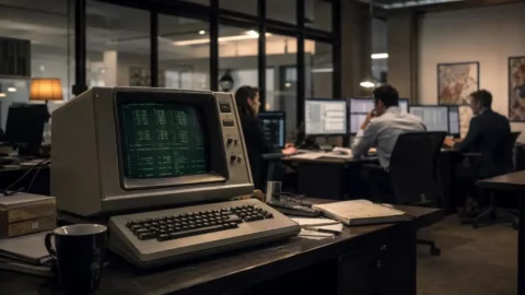 Vintage-Terminal neben modernen Handelsbildschirmen, die einen Wealth-Management-Daten-Hub veranschaulichen
