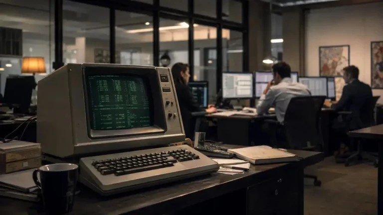 Vintage terminal beside modern trading screens illustrating a wealth management data hub
