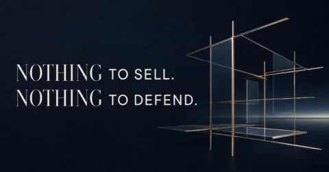 Dark navy wealth-management graphic reading “Nothing to sell. Nothing to defend.” beside an open structure of brass lines and transparent glass planes, symbolising independent advice, transparency and open architecture.