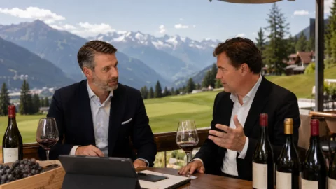 Two wealth managers in discussion over red wine on an alpine terrace, illustrating wine and wealth management