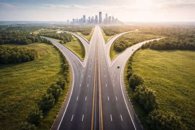 Aerial view of a motorway forking into two routes toward a distant city skyline at sunrise, symbolising a merge-or-continue decision