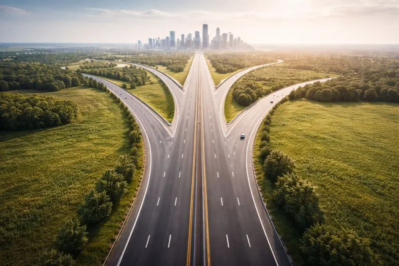 Luftaufnahme einer Autobahn, die sich in zwei Routen zu einer entfernten Stadtsilhouette im Sonnenaufgang gabelt und eine Entscheidung zwischen Zusammenführung oder Fortsetzung symbolisiert