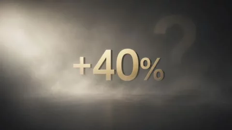 Eine goldene +40%-Figur, die neben einem großen, blassen Fragezeichen auf dunklem Hintergrund aus dem Rauch emporragt
