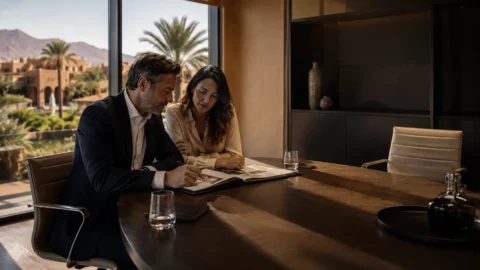 Independent wealth adviser and client reviewing an investment portfolio together in a luxury office overlooking Marrakech, illustrating unbiased wealth management, transparent advice and aligned client interests.