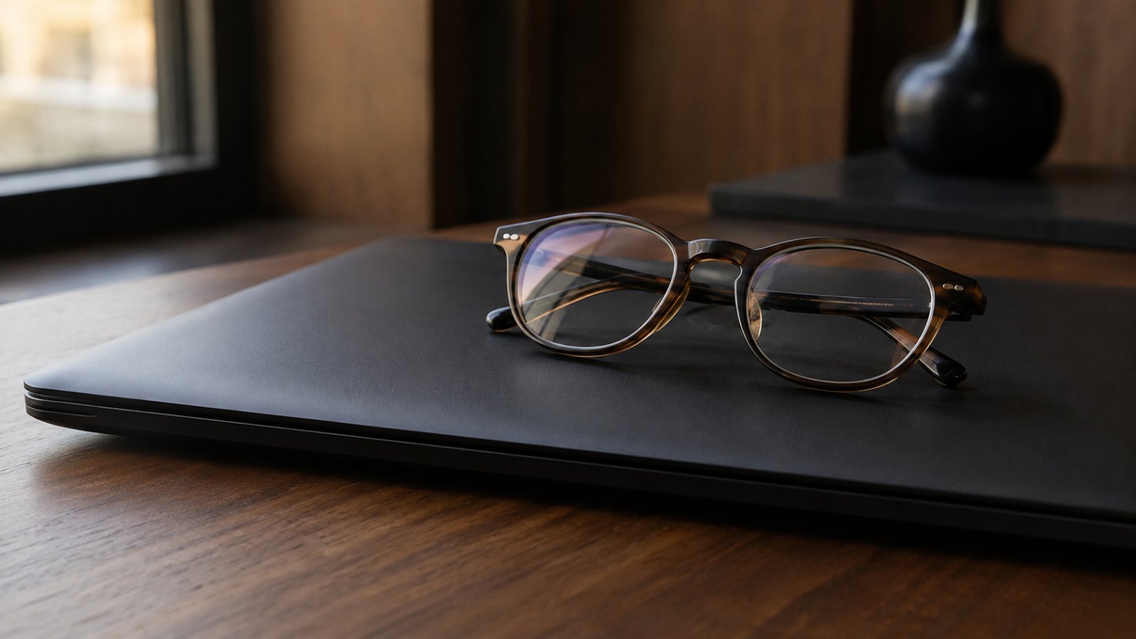 KI-Tools für Vermögensverwalter: Lesebrille auf einem geschlossenen Laptop auf einem Schreibtisch aus Walnussholz
