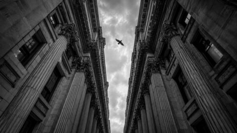 Worm eye view looking up between two classical bank facades, black and white