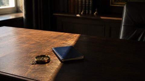 Navy passport and brass compass on a dark desk cut by a sharp shadow line, symbolising cross-border compliance in Swiss wealth management