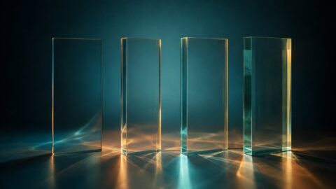 Four translucent glass panes bending light differently — a metaphor for four approaches to AI regulation in wealth management
