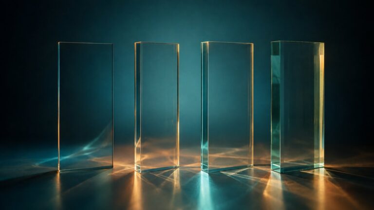 Vier lichtdurchlässige Glasscheiben, die das Licht unterschiedlich brechen – eine Metaphora für vier Ansätze zur Regulierung von KI im Wealth Management