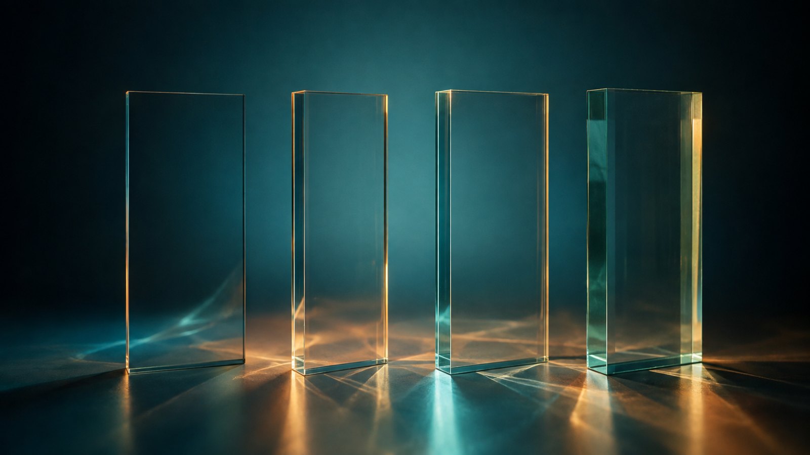 Four translucent glass panes bending light differently — a metaphor for four approaches to AI regulation in wealth management