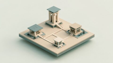 Isometric illustration of four pavilions of different sizes on a floating platform