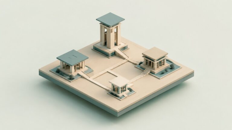 Isometric illustration of four pavilions of different sizes on a floating platform