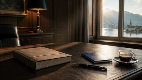 Client dossier, passport, fountain pen and espresso on a desk in a Swiss private bank office during KYC onboarding