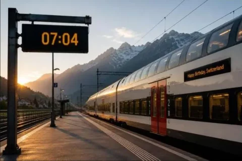 Schweizer Bahnhofsanzeige mit Abfahrtszeit 07:04 bei Sonnenaufgang, Alpen im Hintergrund, zum Schweizer Nationalfeiertag