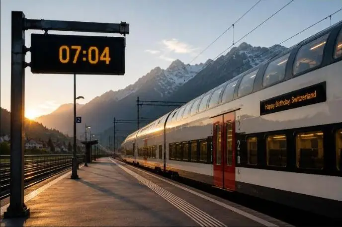 Schweizer Bahnhofsanzeige mit Abfahrtszeit 07:04 bei Sonnenaufgang, Alpen im Hintergrund, zum Schweizer Nationalfeiertag