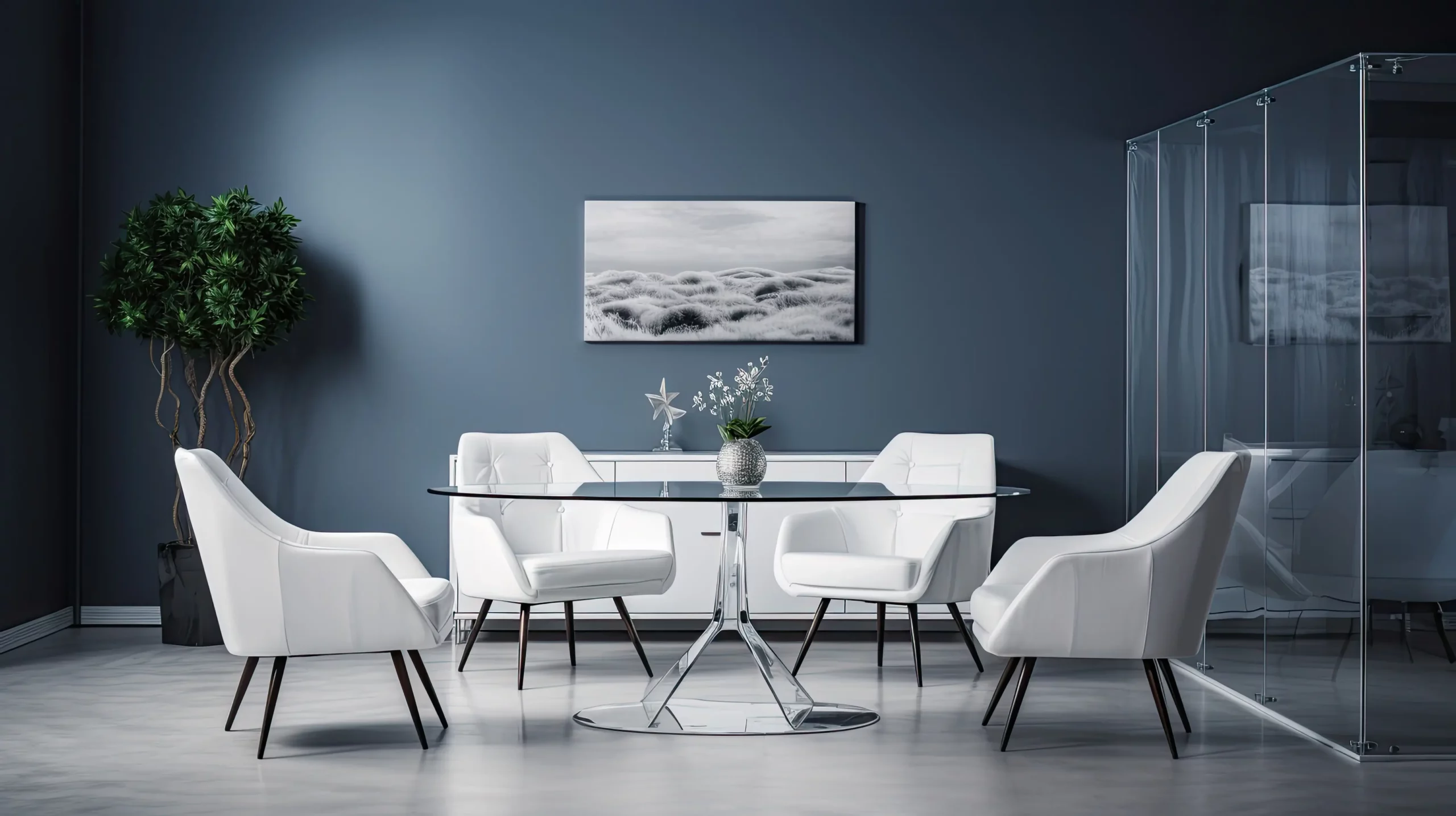 Modern meeting room with glass table and white chairs – cover scene of Beyond the Bank, the Swiss private banker’s guide to independent wealth management, second edition