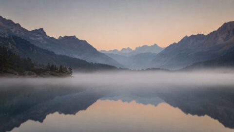Calm alpine lake in Switzerland at dawn with mist over the water