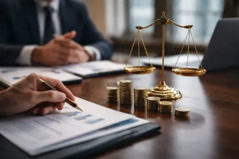 Wealth management valuation illustrated by scales and coins on a desk