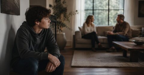 Teenage son listening from the background while his parents talk with a wealth adviser in the family living room
