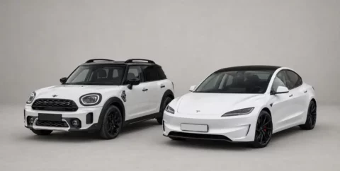 NextGen-Vermögensverwaltung im Vergleich: Ein Plug-in-Hybrid-MINI neben einem rein elektrischen Tesla