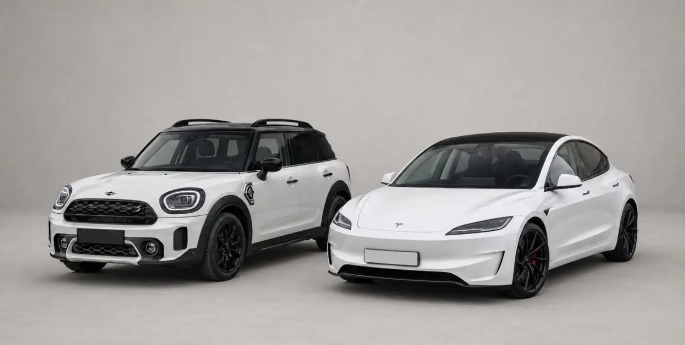 NextGen-Vermögensverwaltung im Vergleich: Ein Plug-in-Hybrid-MINI neben einem rein elektrischen Tesla
