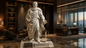 Eine klassische Marmorstatue in einem modernen Büro über der Stadt, die die Bewegung von Reichtum von Wachstum zu Dauerhaftigkeit symbolisiert.