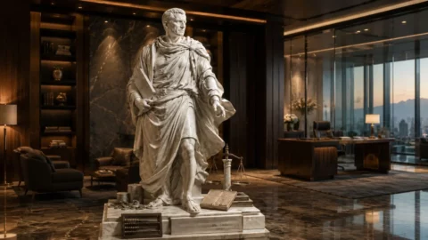 Classical marble statue in a modern office above the city, symbolising wealth moving from growth to duration