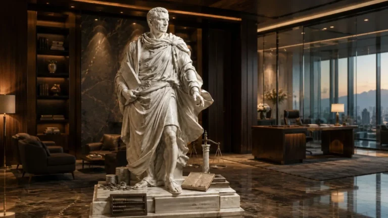 Classical marble statue in a modern office above the city, symbolising wealth moving from growth to duration