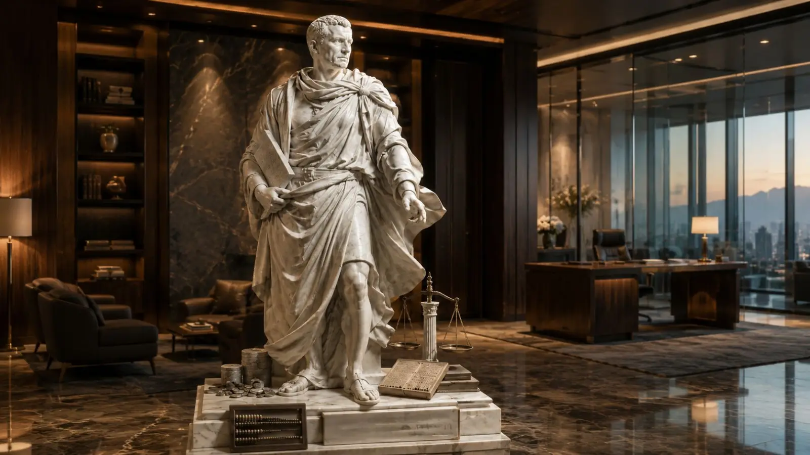 Eine klassische Marmorstatue in einem modernen Büro über der Stadt, die die Bewegung von Reichtum von Wachstum zu Dauerhaftigkeit symbolisiert.